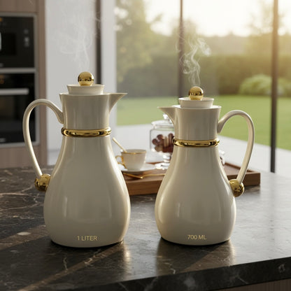 Najib Double Set – Coffee & Tea Thermal Flask (Beige & Gold, 1L + 0.7L)