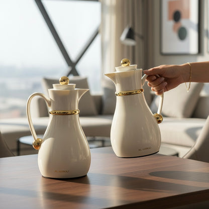 Najib Double Set – Coffee & Tea Thermal Flask (Beige & Gold, 1L + 0.7L)