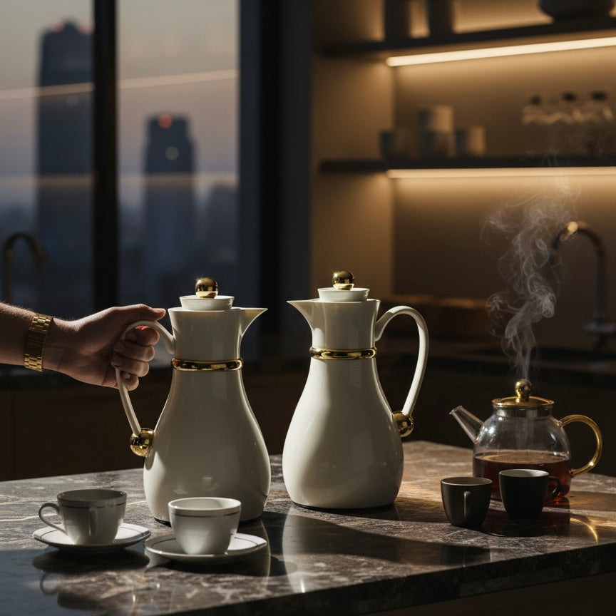 Najib Double Set – Coffee & Tea Thermal Flask (Beige & Gold, 1L + 0.7L)