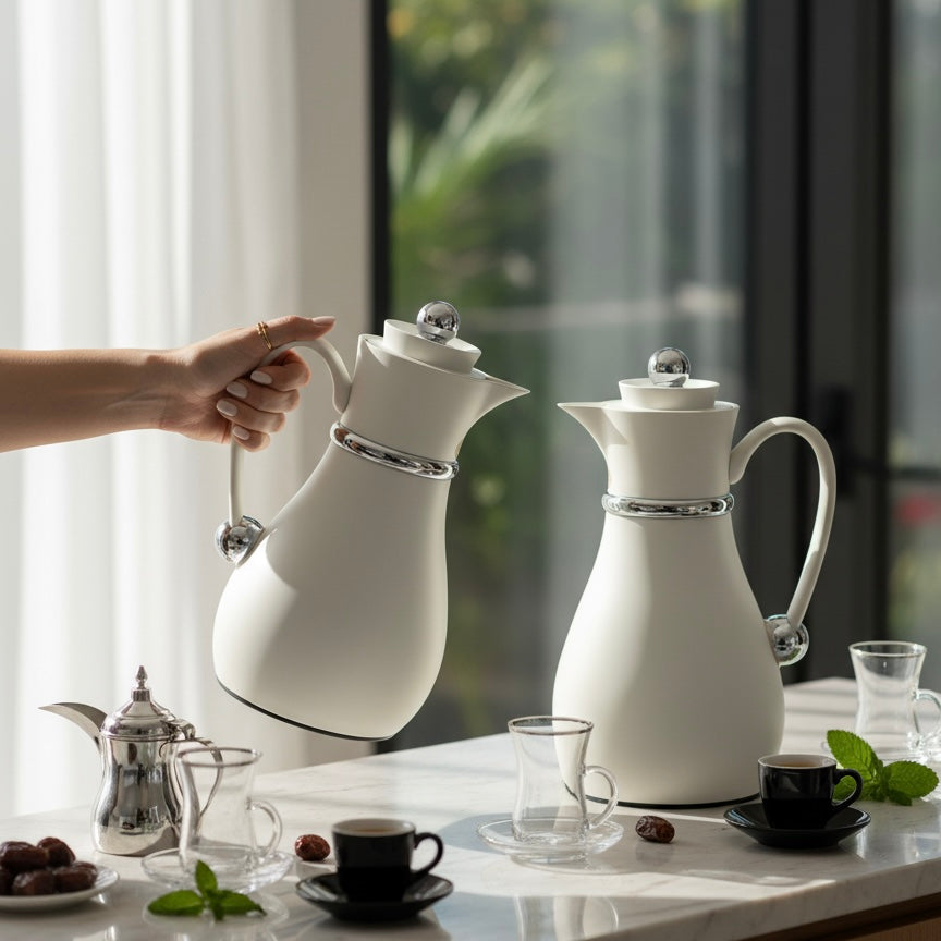 Najib Double Set – Coffee & Tea Thermal Flask (White & Silver, 1L + 0.7L)