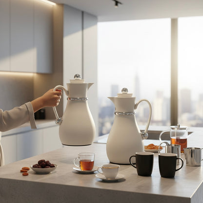 Najib Double Set – Coffee & Tea Thermal Flask (White & Silver, 1L + 0.7L)