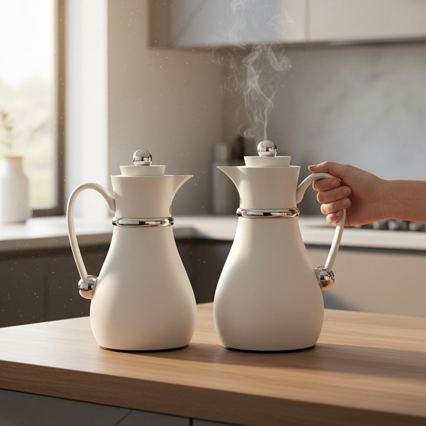 Najib Double Set – Coffee & Tea Thermal Flask (White & Silver, 1L + 0.7L)