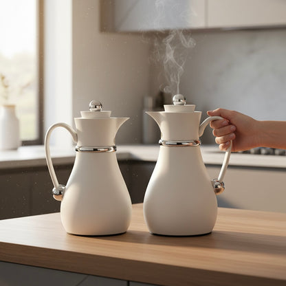 Najib Double Set – Coffee & Tea Thermal Flask (White & Silver, 1L + 0.7L)