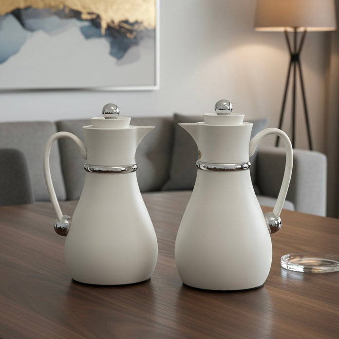 Najib Double Set – Coffee & Tea Thermal Flask (White & Silver, 1L + 0.7L)
