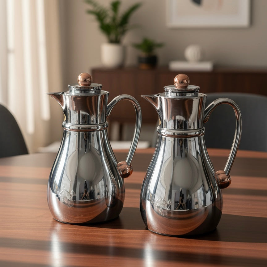 Najib Double Set – Coffee & Tea Thermal Flask (Crome & Copper, 1L + 0.7L)