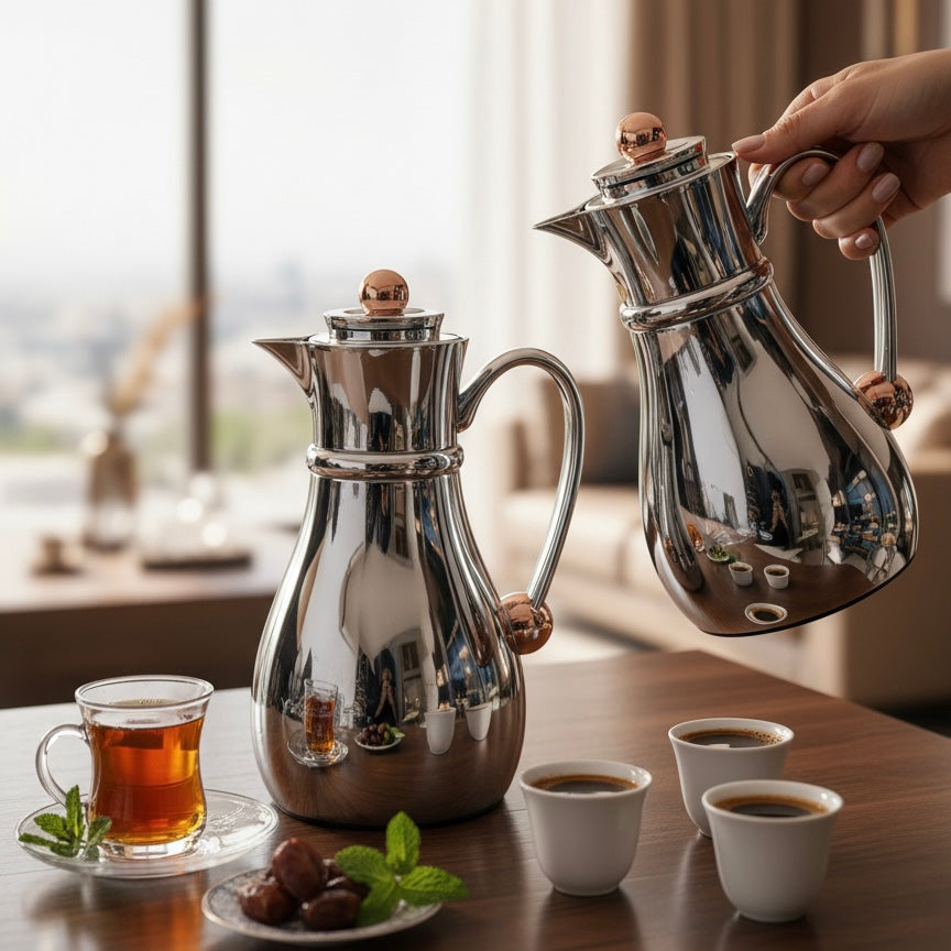 Najib Double Set – Coffee & Tea Thermal Flask (Crome & Copper, 1L + 0.7L)