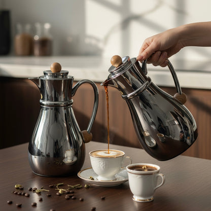 Najib Double Set – Coffee & Tea Thermal Flask (Shiny Black & Wood, 1L + 0.7L)