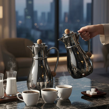 Najib Double Set – Coffee & Tea Thermal Flask (Shiny Black & Wood, 1L + 0.7L)