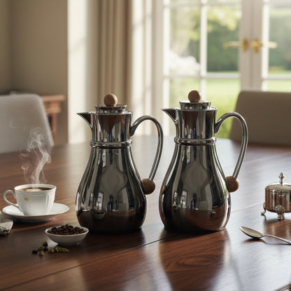 Najib Double Set – Coffee & Tea Thermal Flask (Shiny Black & Wood, 1L + 0.7L)