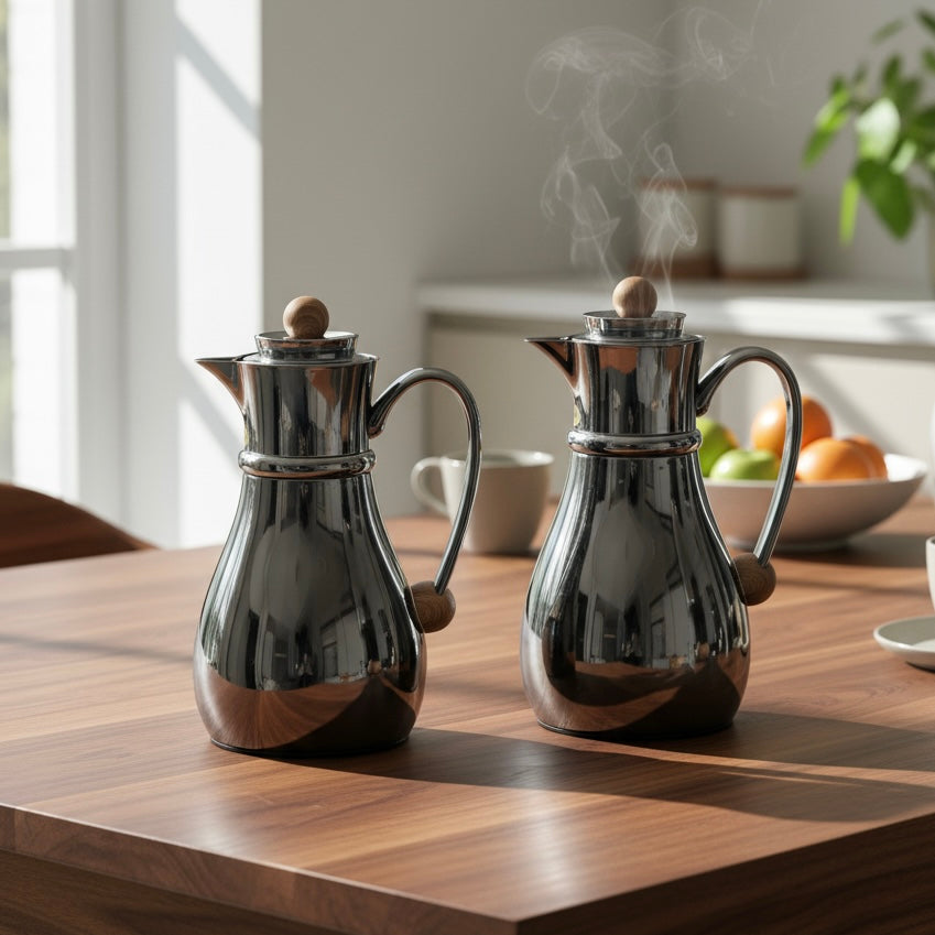 Najib Double Set – Coffee & Tea Thermal Flask (Shiny Black & Wood, 1L + 0.7L)