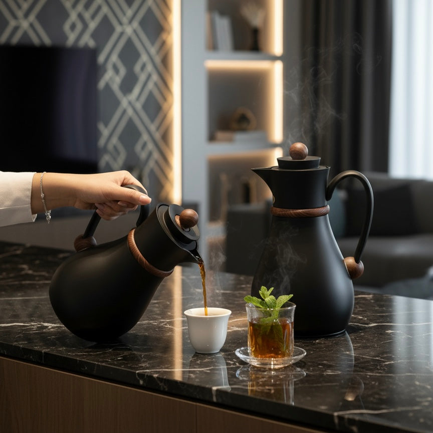 Najib Double Set – Coffee & Tea Thermal Flask ( Black & wood, 1L + 0.7L)