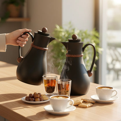 Najib Double Set – Coffee & Tea Thermal Flask ( Black & wood, 1L + 0.7L)