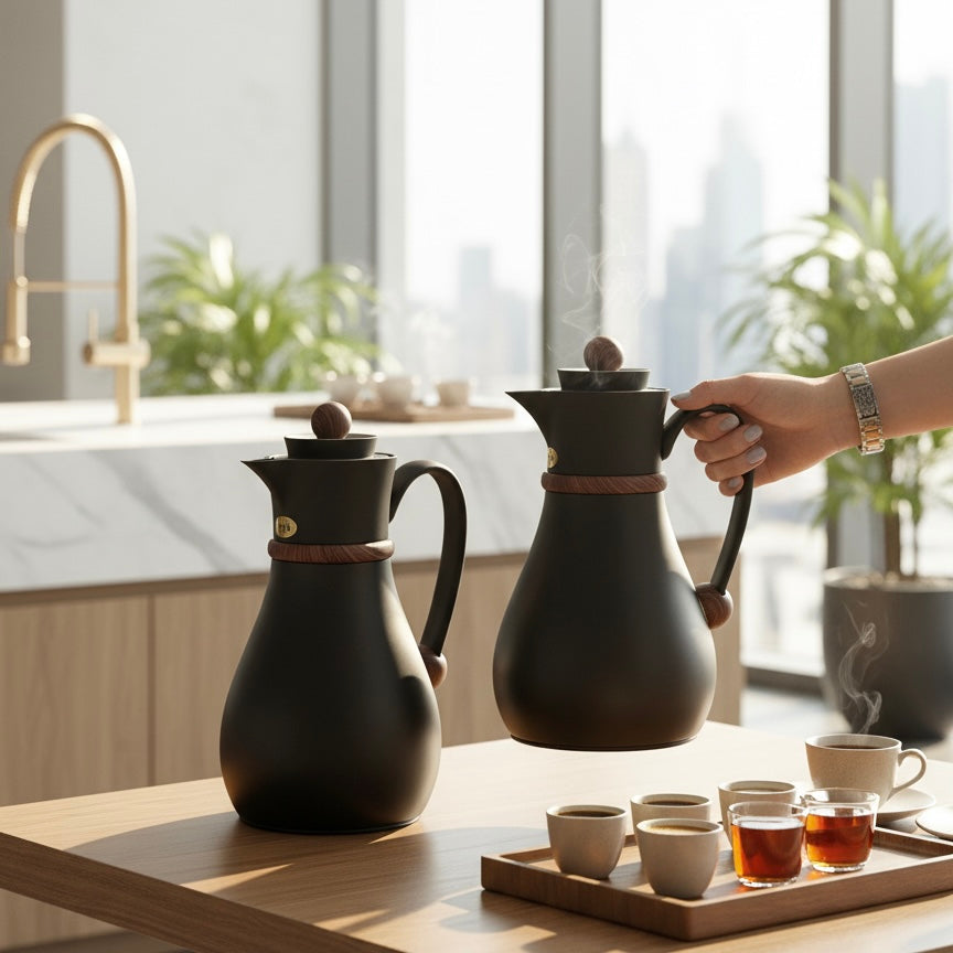 Najib Double Set – Coffee & Tea Thermal Flask ( Black & wood, 1L + 0.7L)