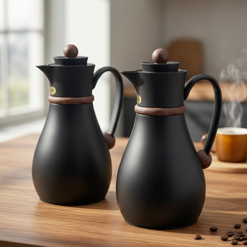 Najib Double Set – Coffee & Tea Thermal Flask ( Black & wood, 1L + 0.7L)