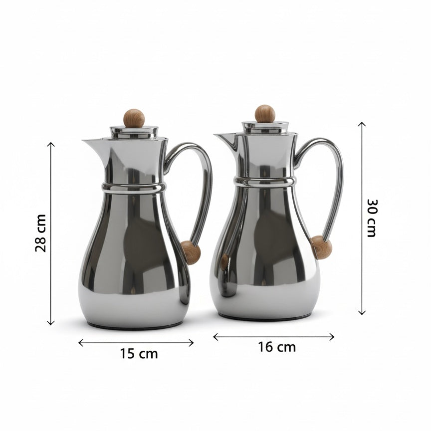 Najib Double Set – Coffee & Tea Thermal Flask (Shiny Black & Wood, 1L + 0.7L)