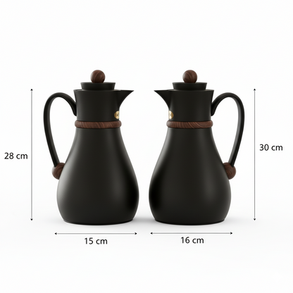 Najib Double Set – Coffee & Tea Thermal Flask ( Black & wood, 1L + 0.7L)