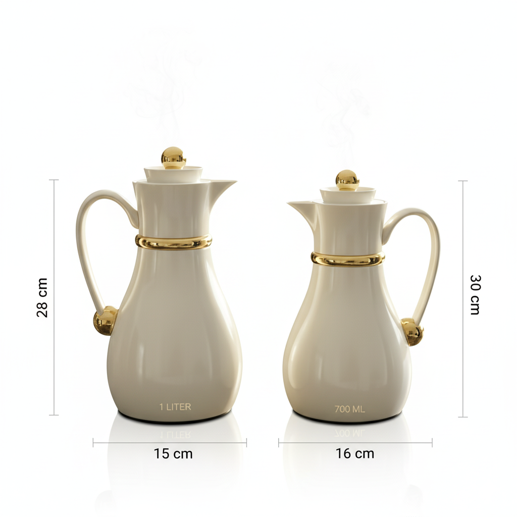 Najib Double Set – Coffee & Tea Thermal Flask (Beige & Gold, 1L + 0.7L)