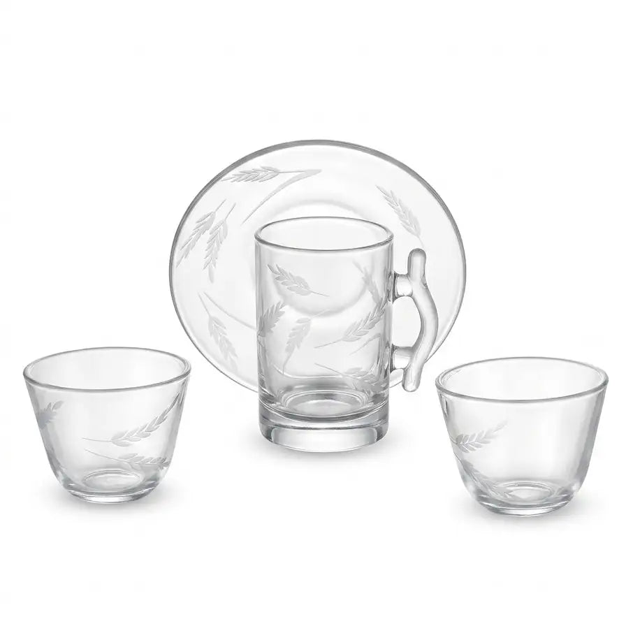 Modern 18-Piece Clear Glass Tea & Coffee Set - Wheat-Etched