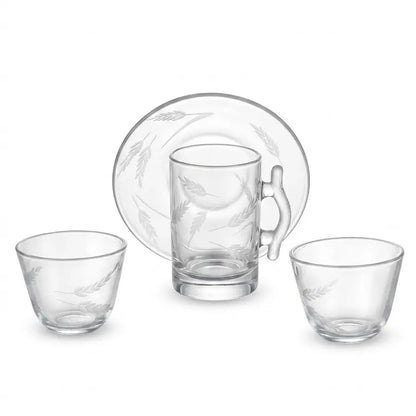 Modern 18-Piece Clear Glass Tea & Coffee Set - Wheat-Etched
