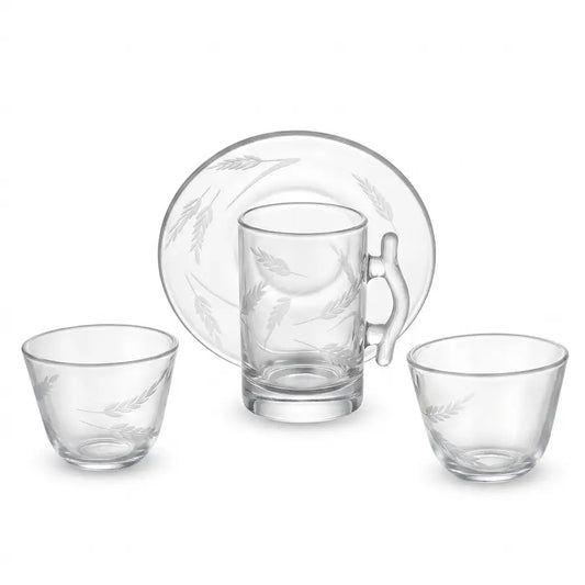 Modern 18-Piece Clear Glass Tea & Coffee Set - Wheat-Etched