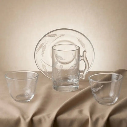 Modern 18-Piece Clear Glass Tea & Coffee Set - Wheat-Etched