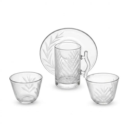 Modern 18-Piece Clear Glass Tea & Coffee Set - Leaf-Etched