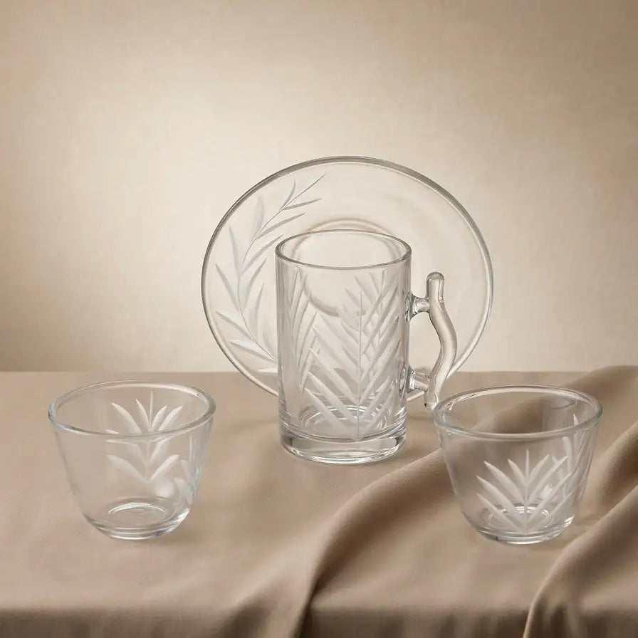 Modern 18-Piece Clear Glass Tea & Coffee Set - Leaf-Etched