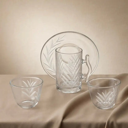 Modern 18-Piece Clear Glass Tea & Coffee Set - Leaf-Etched