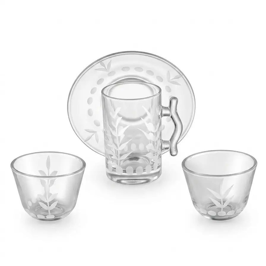 Modern 18-Piece Clear Glass Tea & Coffee Set - Olive Branch Design