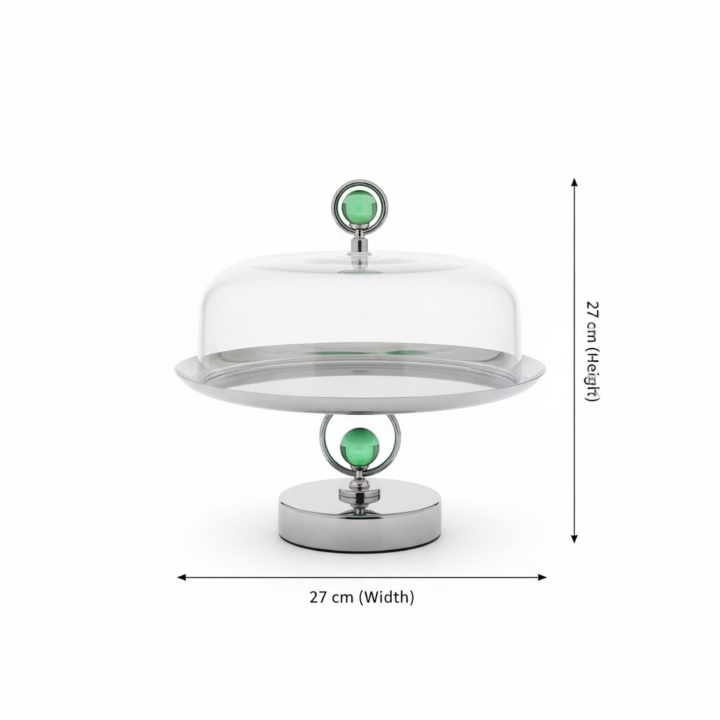 Mawaeen Metal Cake Stand with Cover & Green Crystal Accent – Silver