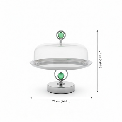 Mawaeen Metal Cake Stand with Cover & Green Crystal Accent – Silver