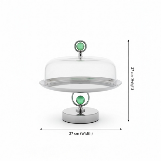 Mawaeen Metal Cake Stand with Cover & Green Crystal Accent – Silver