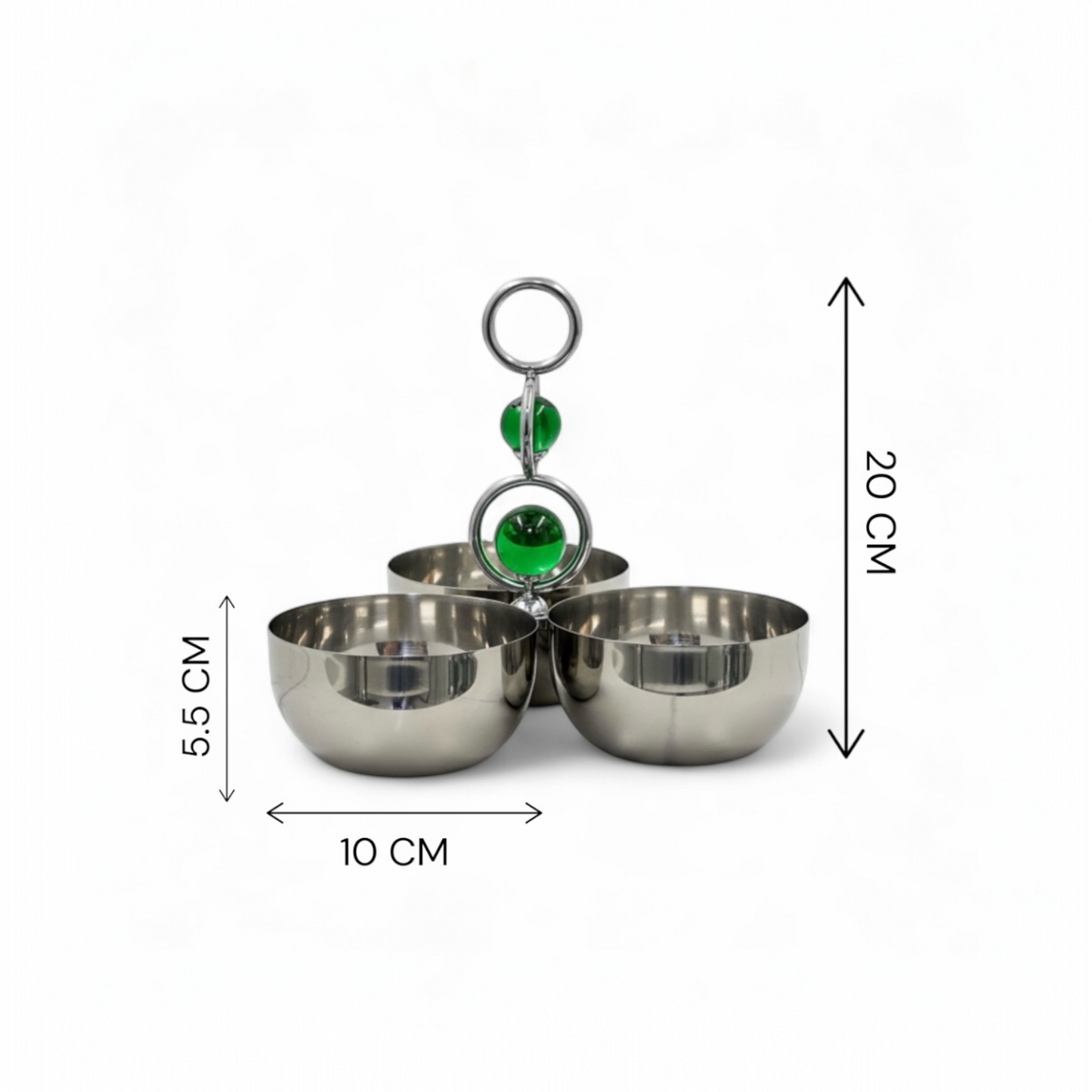 Mawaeen 3-Bowl Snack Stand – Small Stainless Steel Design with Green Crystal Handle
