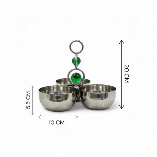Mawaeen 3-Bowl Snack Stand – Small Stainless Steel Design with Green Crystal Handle