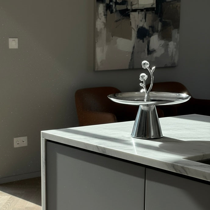 Mawaeen Luxury Candy Plate – Silver Floral Design with Base