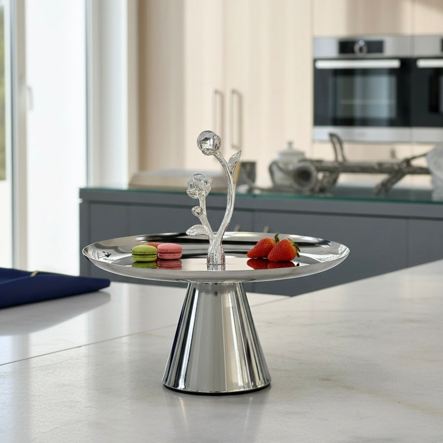 Mawaeen Luxury Candy Plate – Silver Floral Design with Base