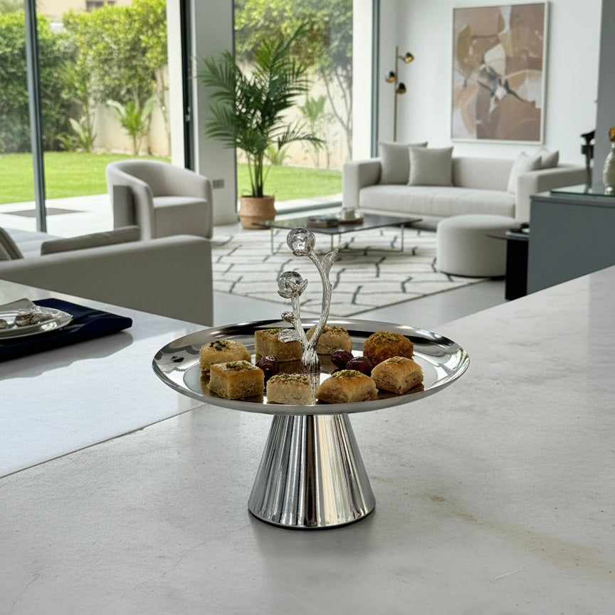 Mawaeen Luxury Candy Plate – Silver Floral Design with Base