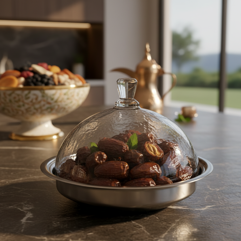 Mawaeen Luxury Date Bowl with Lid – Silver & Glass Design