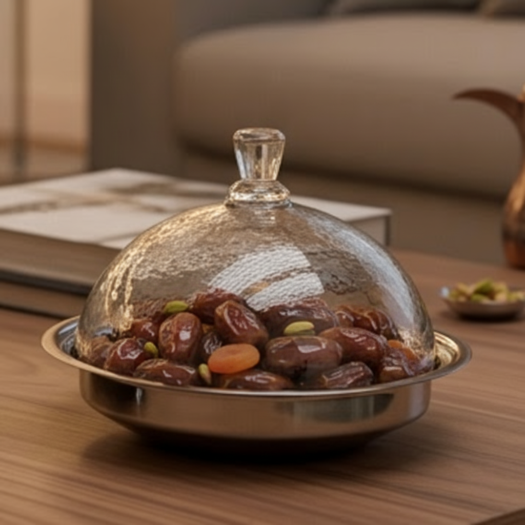 Mawaeen Luxury Date Bowl with Lid – Silver & Glass Design