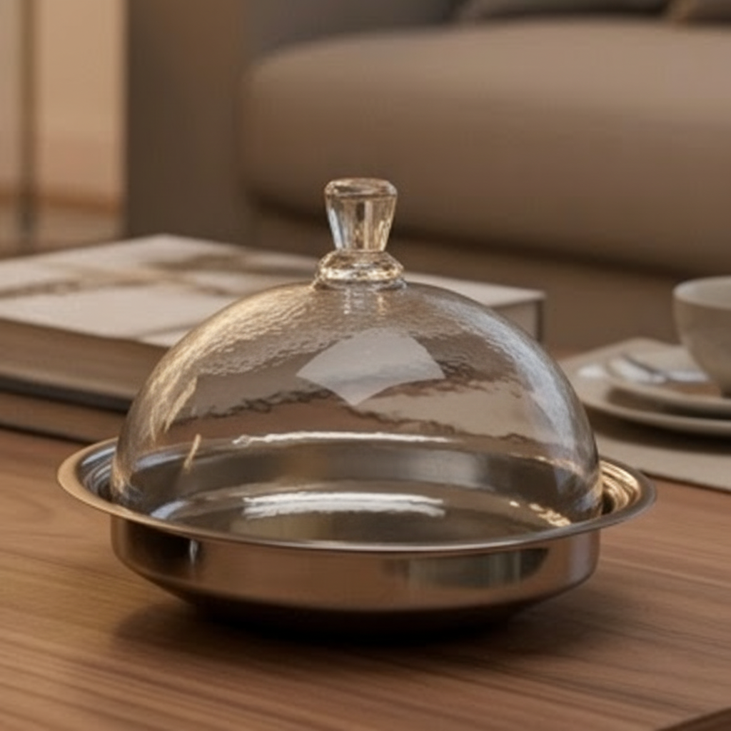 Mawaeen Luxury Date Bowl with Lid – Silver & Glass Design