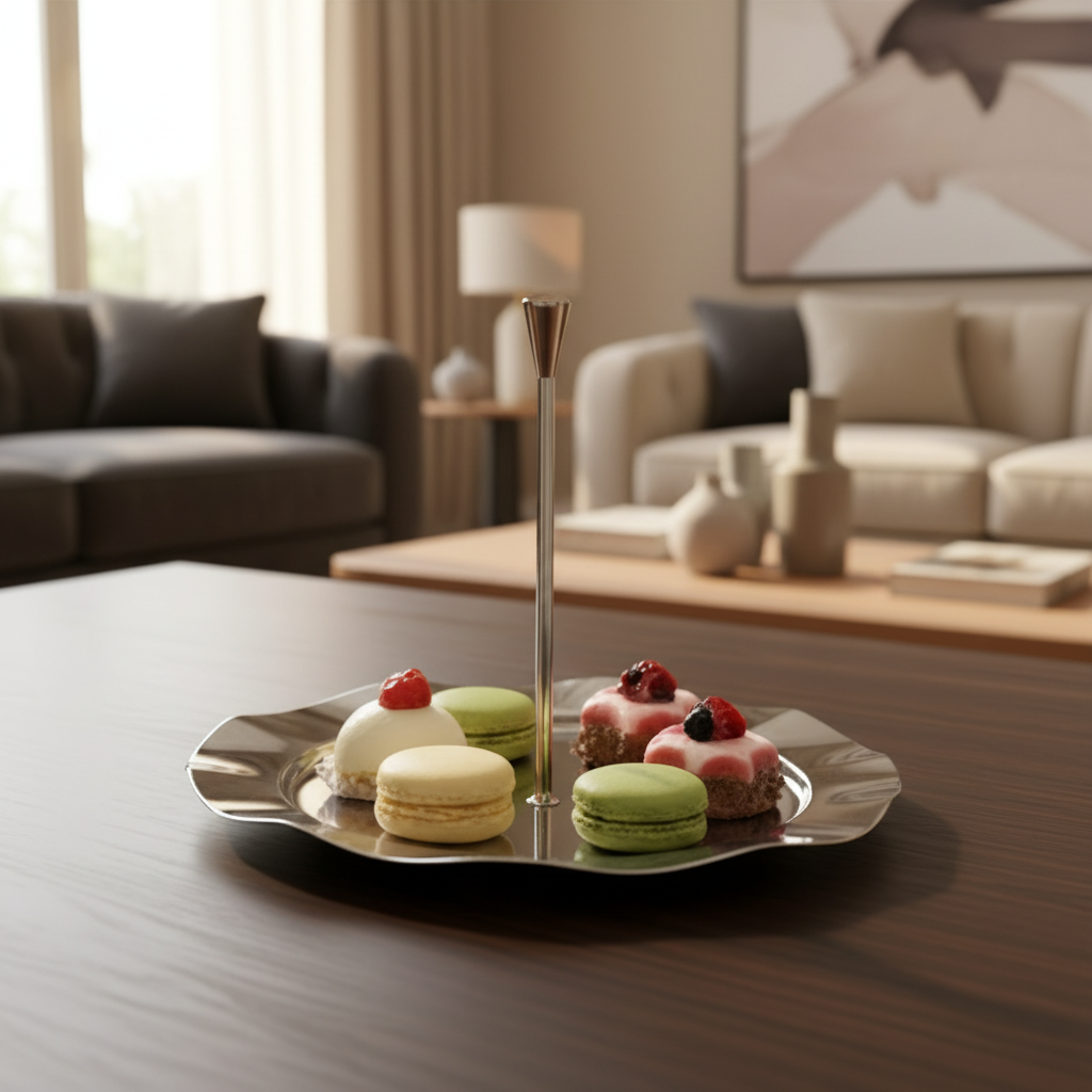 Single-Tier Sweet Plate with Central Column – Wavy Silver Design (S)