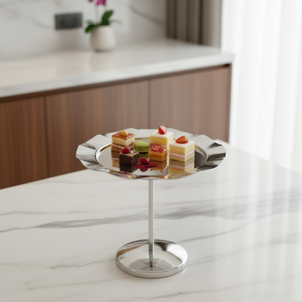 Pedestal Sweet Plate / Single-Tier Cake Stand – Wavy Silver Design (L)