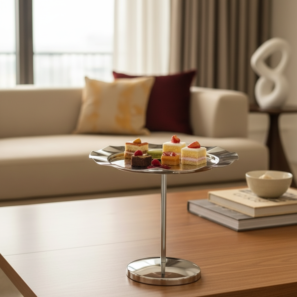 Pedestal Sweet Plate / Single-Tier Cake Stand – Wavy Silver Design (S)