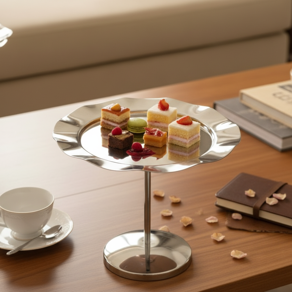 Pedestal Sweet Plate / Single-Tier Cake Stand – Wavy Silver Design (L)