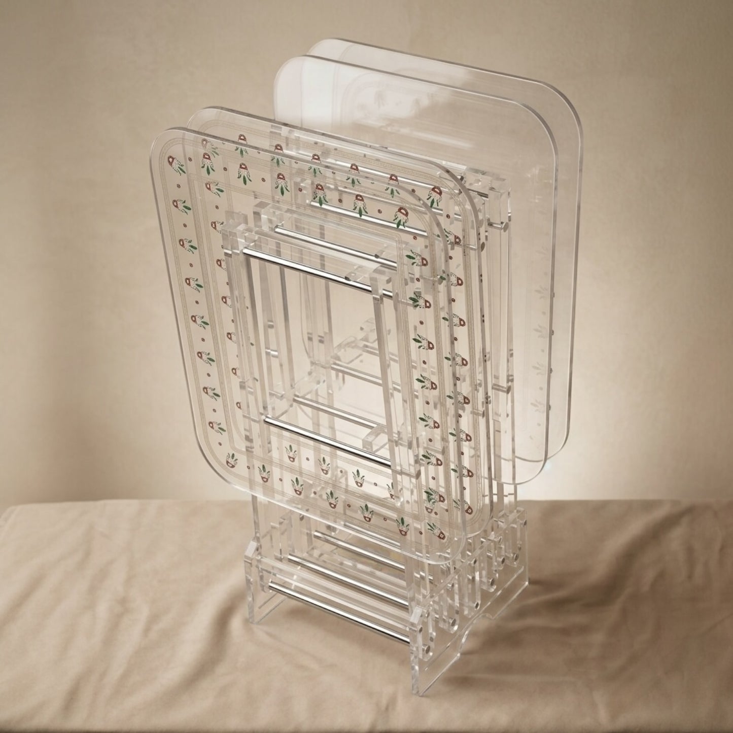 Nakhla Clear Acrylic Folding Side Table Set with Stand – 4 Pieces