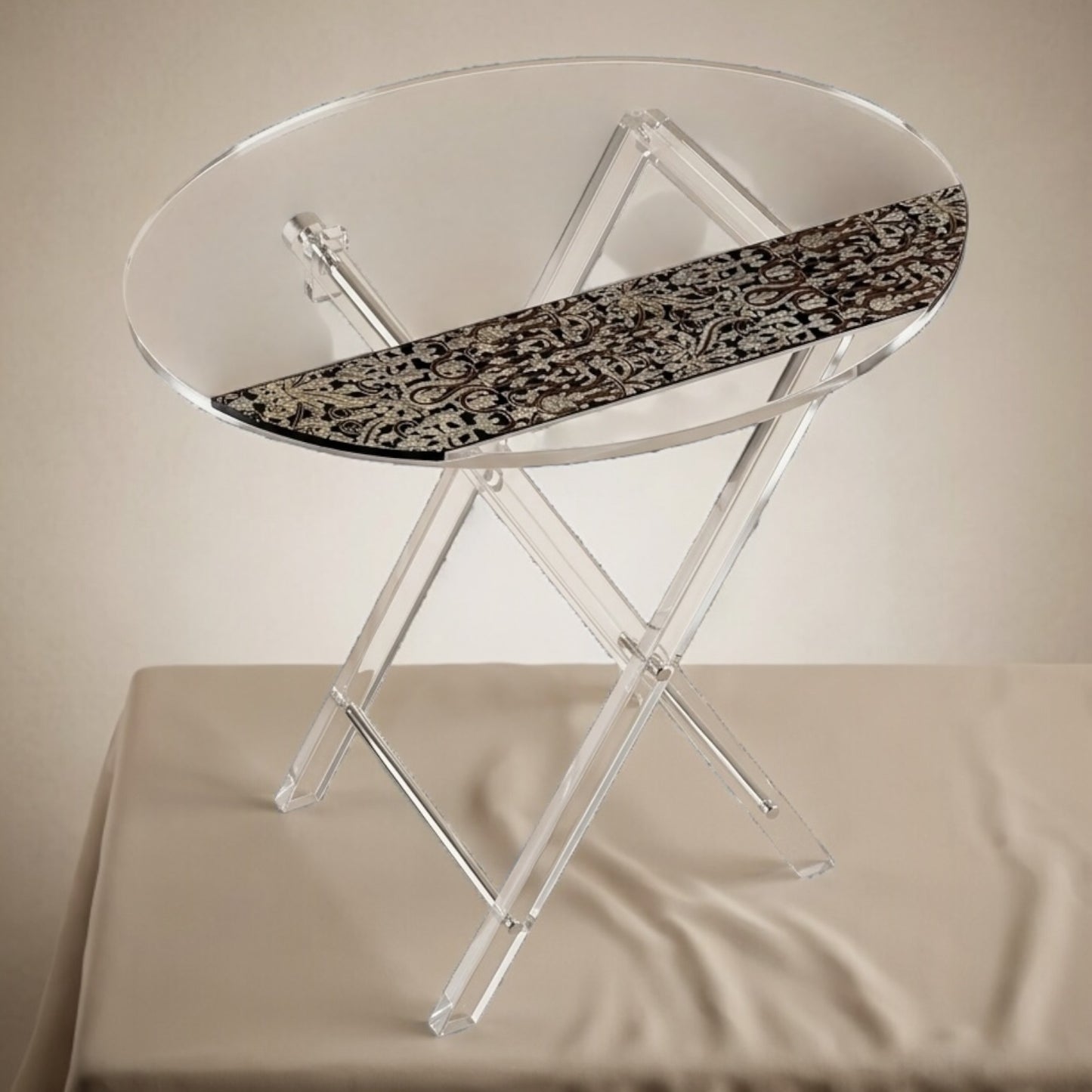Modern Clear Acrylic Oval Folding Service Table Set with Stand – 4 Pieces