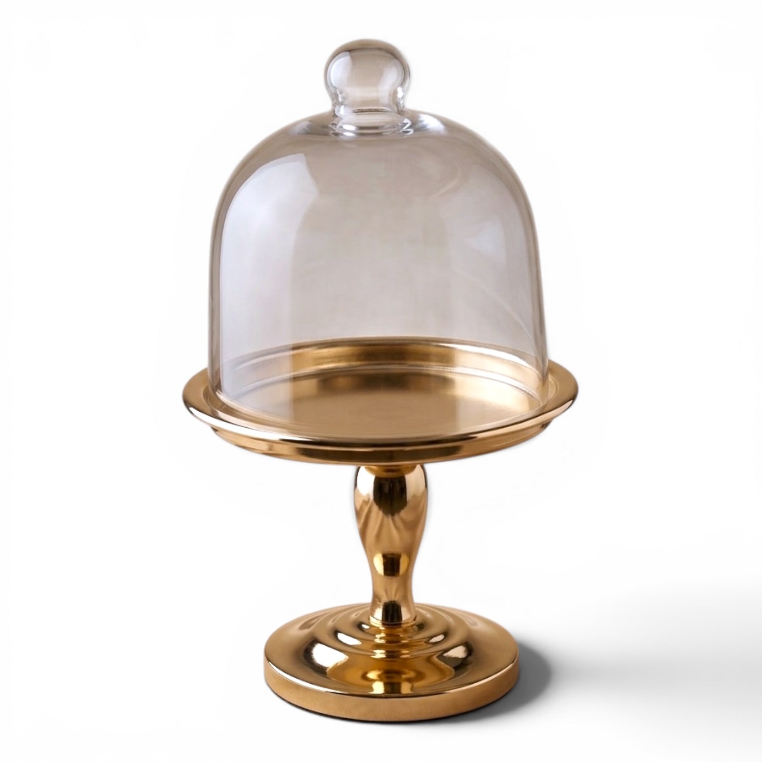Modern Shiny Gold Dessert Stand with Glass Lid (S)
