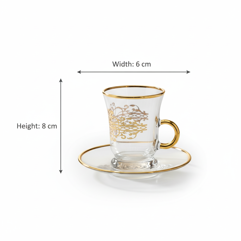 Tea Istikan Set – 6 Pieces with Plates Gold - (130cc, Turkish Made)