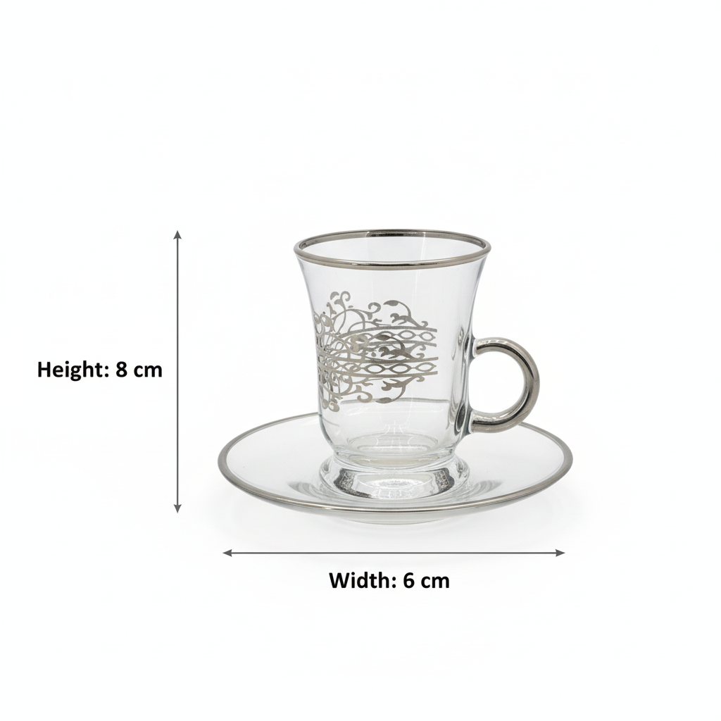 Tea Istikan Set – 6 Pieces with Plates Silver - (130cc, Turkish Made)