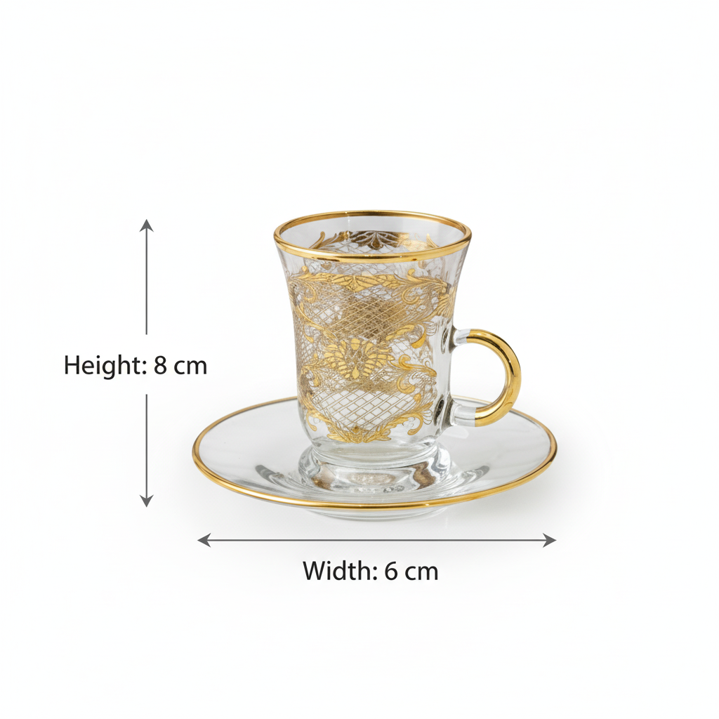 Tea Istikan Set – 6 Pieces with Plates Gold - (130cc, Turkish Made)